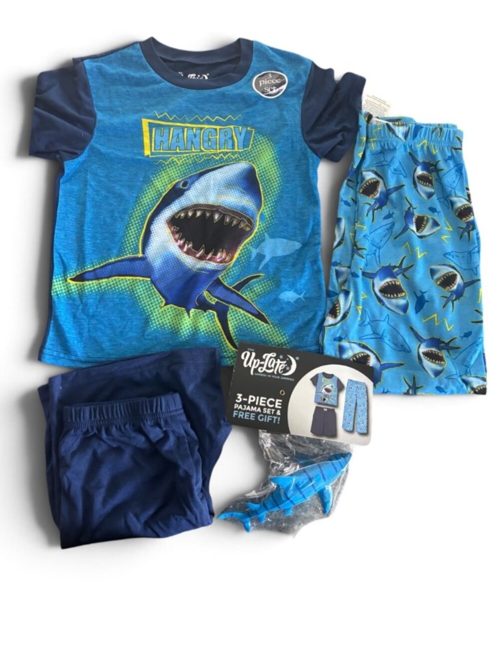NWT Up-Late Boys Shark 3-Piece Pajama Set Blue Hangry Shark PJs with Free Toy
